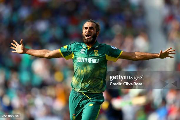 Imran Tahir of South Africa celebrates the wicket of Asela Gunaratne of Sri Lanka during the ICC Champions trophy cricket match between Sri Lanka and...