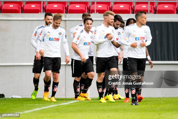 Orebro SK celebrates after scoring during the Allsvenskan match between Kalmar FF and Orebro SK at Guldfageln Arena on June 3, 2017 in Kalmar, Sweden.