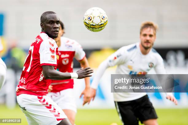 Papa Alioune Diouf of Kalmar FF competes for the ball during the Allsvenskan match between Kalmar FF and Orebro SK at Guldfageln Arena on June 3,...