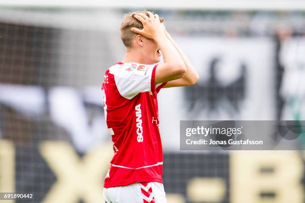 Svante Ingelsson of Kalmar FF dejected during the Allsvenskan match between Kalmar FF and Orebro SK at Guldfageln Arena on June 3, 2017 in Kalmar,...