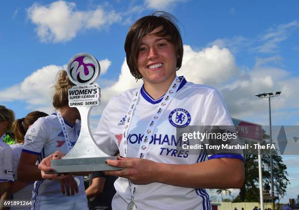 Fran Kirby of Chelsea Ladies FC poses with the trophy after winning the WSL Spring Series during the WSL 1 match between Birmingham City Ladies and...