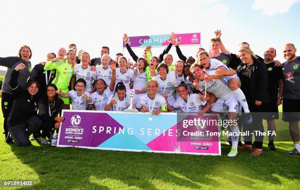 The players of Chelsea Ladies FC celebrate winning the WSL Spring Series during the WSL 1 match between Birmingham City Ladies and Chelsea Ladies FC...