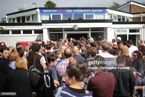 People queue to see Labour leader Jeremy Corbyn address a rally of supporters, but were turned away after the hall at Beeston Youth and Community...