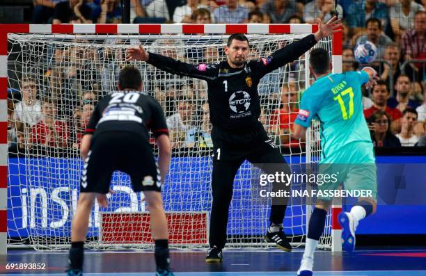 Vardar's Arpad Sterbik Capar and Barcelona's Valero Rivera Folch vie during Handball EHF Champions League Final Four semi final match between HC...