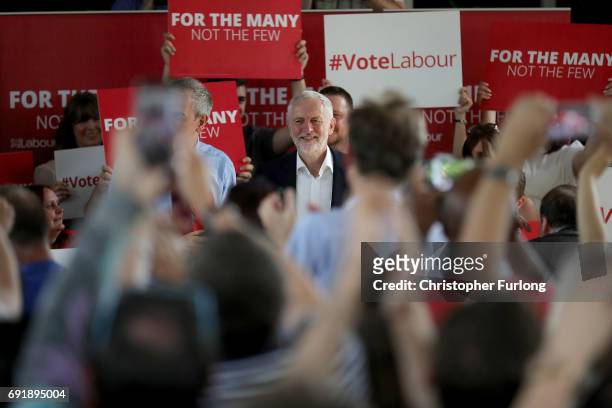 Labour leader Jeremy Corbyn addresses a rally of supporters at Beeston Youth and Community Centre he visits the East Midlands during the final...