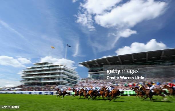 Caspian Prince ridden by Tom Eaves wins the Investec Corporate Banking 'Dash' Handicapduring during the Investec Derby Day at Epsom Downs Racecourse...