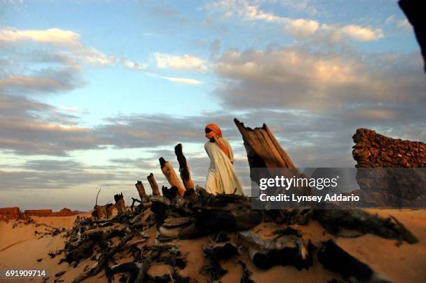 Sudanese Liberation Army soldier walks through the remains of Hangala village, which was burned by Janjaweed near Farawiya, in Darfur, several months...