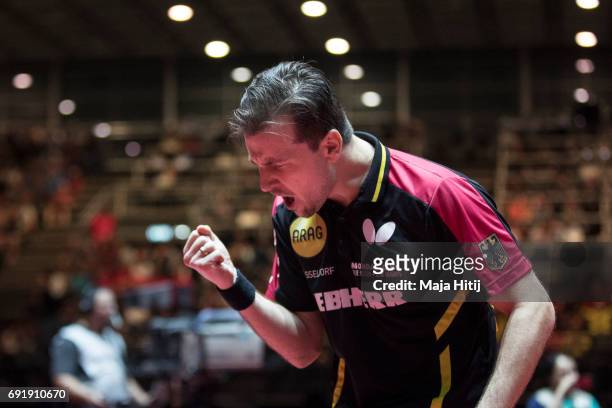 Timo Boll of Germany celebrates during Men's eight-finals at Table Tennis World Championship at Messe Duesseldorf on June 3, 2017 in Dusseldorf,...