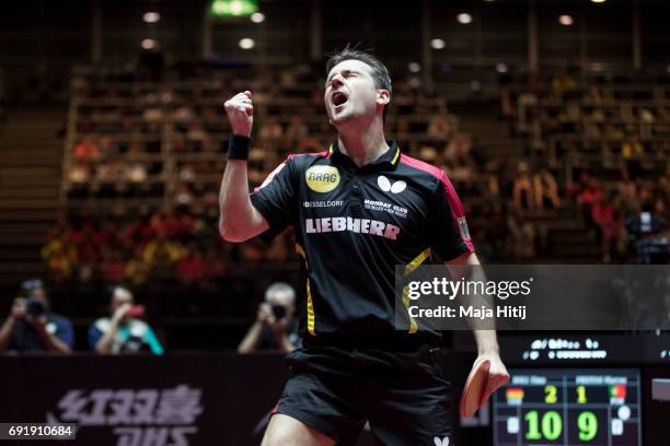 Timo Boll of Germany celebrates during Men's eight-finals at Table Tennis World Championship at Messe Duesseldorf on June 3, 2017 in Dusseldorf,...