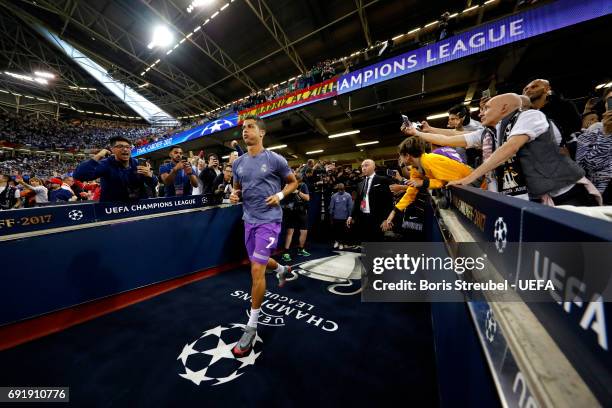 Cristiano Ronaldo of Real Madrid walks out of the tunnel to warm up prior to the UEFA Champions League Final between Juventus and Real Madrid at...