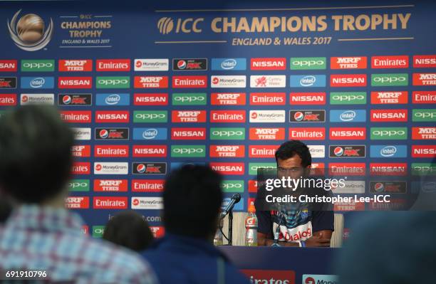 Upul Tharanga of Sri Lanka talks to the press after the match during the ICC Champions Trophy Group B match between Sri Lanka and South Africa at The...