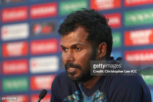 Upul Tharanga of Sri Lanka talks to the press after the match during the ICC Champions Trophy Group B match between Sri Lanka and South Africa at The...