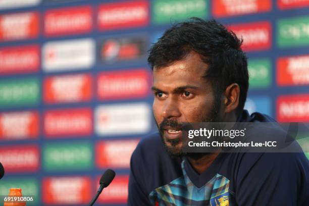 Upul Tharanga of Sri Lanka talks to the press after the match during the ICC Champions Trophy Group B match between Sri Lanka and South Africa at The...