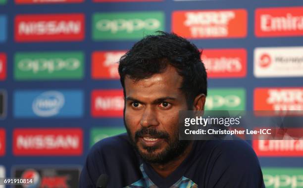 Upul Tharanga of Sri Lanka talks to the press after the match during the ICC Champions Trophy Group B match between Sri Lanka and South Africa at The...