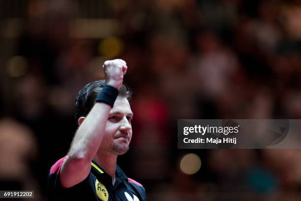 Timo Boll of Germany celebrates after winning Men's eight-final at Table Tennis World Championship at Messe Duesseldorf on June 3, 2017 in...