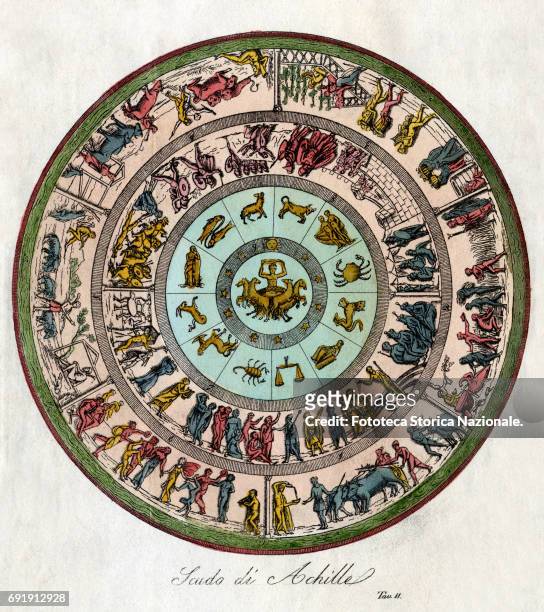 Color plate depicts 'The Shield of Achilles' (as described by Homer in the 18th book of the 'Iliad,' Italy, circa 1831. Homer description holds that...