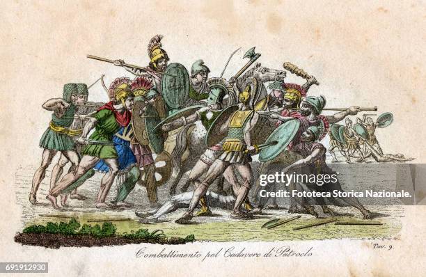 Color illustration depicts 'Combat for Dead Body of Patroclus,' an episode of the Trojan War , Italy, circa 1831. It appears in Giulio Ferrario's 'Il...