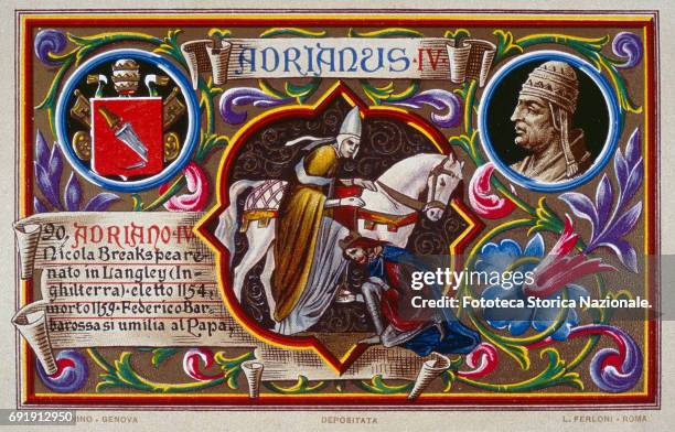Chromolithograph postcard features Frederick I of Hohenstaufen and Barbarossa as he is crowned emperor of the Holy Roman Empire by Pope Adrian IV ,...