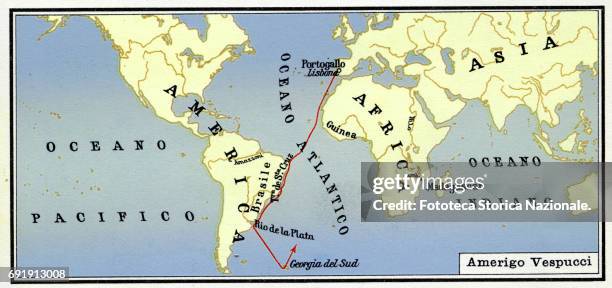 Map shows the sea lane , Italy, circa 1930. Leaving from Lisbon, Portugal, they reached the American continent, at the Rio de la Plata , on the...