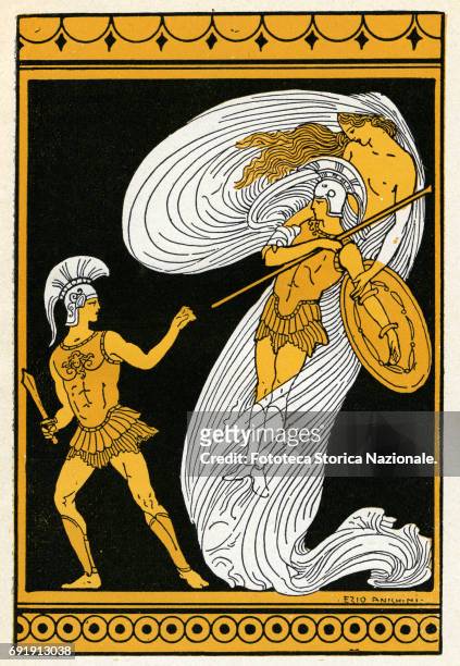 Illustration shows Aphrodite kidnapping Paris to save him during the duel with Menelaus, where he was to succumb. Italy, 1911. Inspired by the vase...