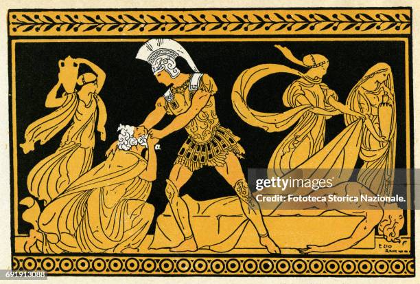 Illustration shows Priam, king of Troy, as he begs Achilles to leave the body of his son, Hector. Italy, 1911. Inspired by the vase painting, the...