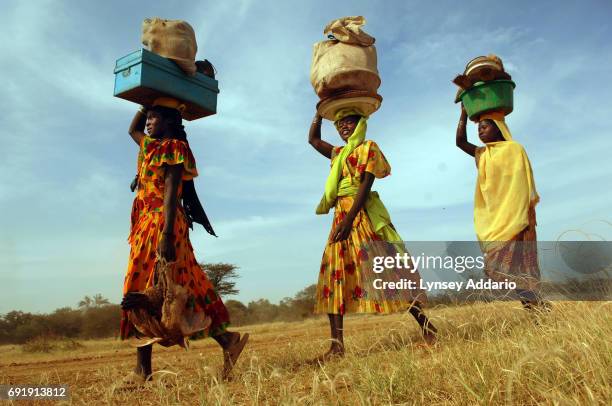 Chadian women from one of a string of roughly ten small villages walk towards Goz Amir with their belongings salvaged after their village had been...
