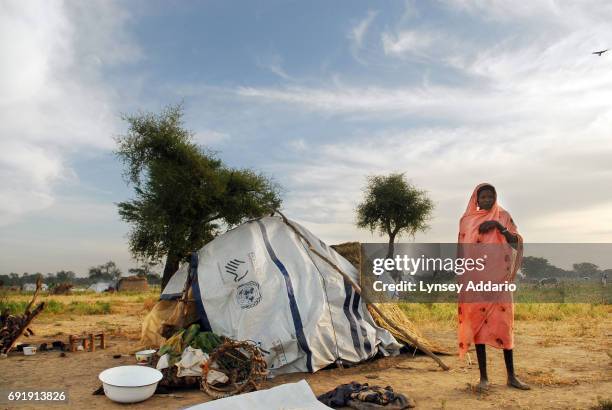 Villagers from Jameisi, Jadida, and other nearby recently attacked by Chadian Arabs, linger at dawn in a makeshift camp for internally displaced...