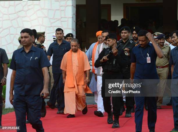 Uttar Pradesh state chief minister Yogi Adityanath arrives at circuit house, during his 2 days visit , in Allahabad on June 3,2017.