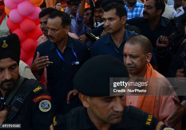 Uttar Pradesh state chief minister Yogi Adityanath , returns from Hanuman temple at holy sangam, confluence of Ganges, Yamuna and mythical Saraswati...