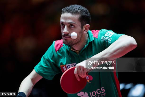 Marcos Freitas of Portugal serves during Men's eight-finals at Table Tennis World Championship at Messe Duesseldorf on June 3, 2017 in Dusseldorf,...