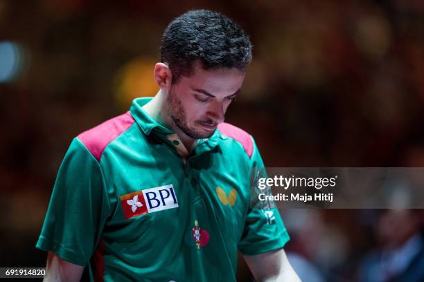 Marcos Freitas of Portugal reacts during Men's eight-finals at Table Tennis World Championship at Messe Duesseldorf on June 3, 2017 in Dusseldorf,...