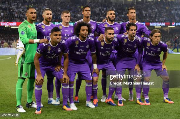 Real Madrid team pose for a photograph prior to the UEFA Champions League Final between Juventus and Real Madrid at National Stadium of Wales on June...