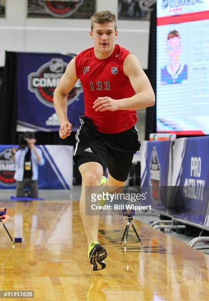 Klim Kostin performs the Pro Agility test during the NHL Combine at HarborCenter on June 3, 2017 in Buffalo, New York.
