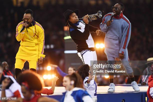 Will.i.am, apl.de.ap and Taboo of The Black Eyed Peas perform prior to the UEFA Champions League Final between Juventus and Real Madrid at National...