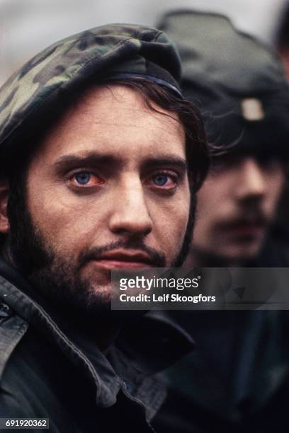 Close-up of an unidentified member of the US military during a VVAW demonstration, Philadelphia, Pennsylvania, June 1971.