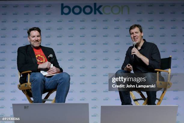Moderator, Kevin Maher and author Jeff Kinney speak during the 10 year anniversary of "Diary of a Wimpy Kid" discussion at the BookCon 2017 at Javits...