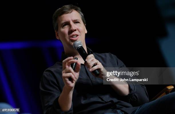 Author Jeff Kinneyr speaks during the 10 year anniversary of "Diary of a Wimpy Kid" discussion at the BookCon 2017 at Javits Center on June 3, 2017...