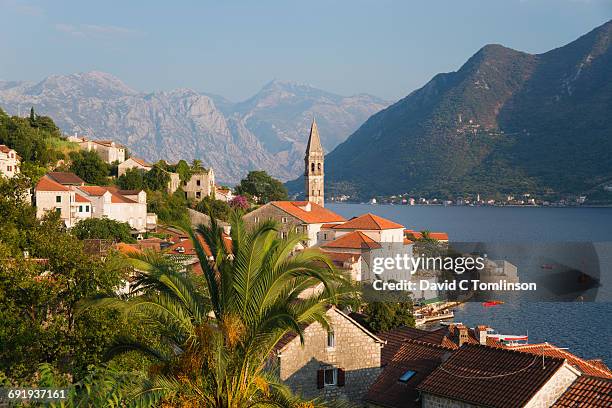 view over rooftops from hillside, perast, kotor - montenegro imagens e fotografias de stock