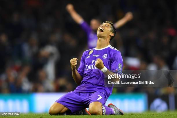 Cristiano Ronaldo of Real Madrid celerbrates victory after the UEFA Champions League Final between Juventus and Real Madrid at National Stadium of...