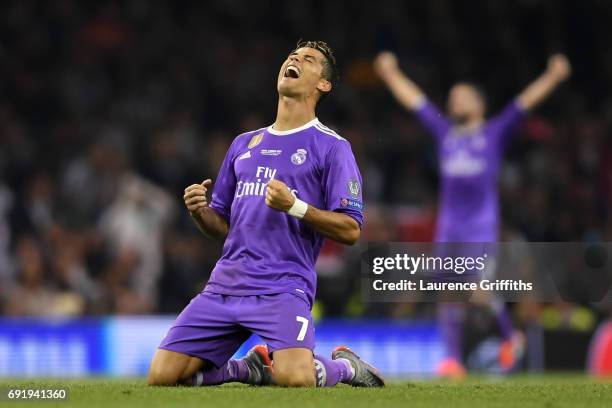 Cristiano Ronaldo of Real Madrid celerbrates victory after the UEFA Champions League Final between Juventus and Real Madrid at National Stadium of...