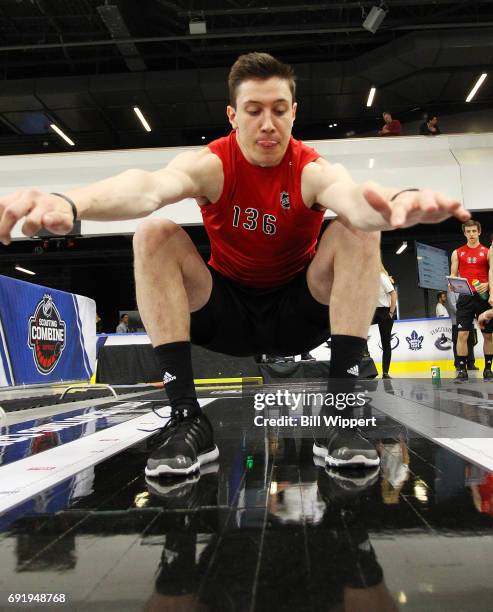 Isaac Ratcliffe performs the Long Jump during the NHL Combine at HarborCenter on June 3, 2017 in Buffalo, New York.