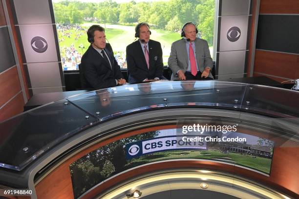 Tournament host Jack Nicklaus visits the CBS booth with Nick Faldo and Jim Nantz during the third round of the Memorial Tournament presented by...