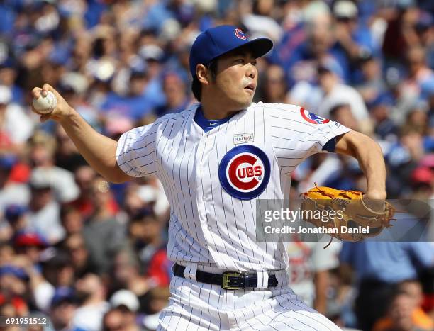 Koji Uehara of the Chicago Cubs pitches in the 8th inning against the St. Louis Cardinals at Wrigley Field on June 3, 2017 in Chicago, Illinois. The...