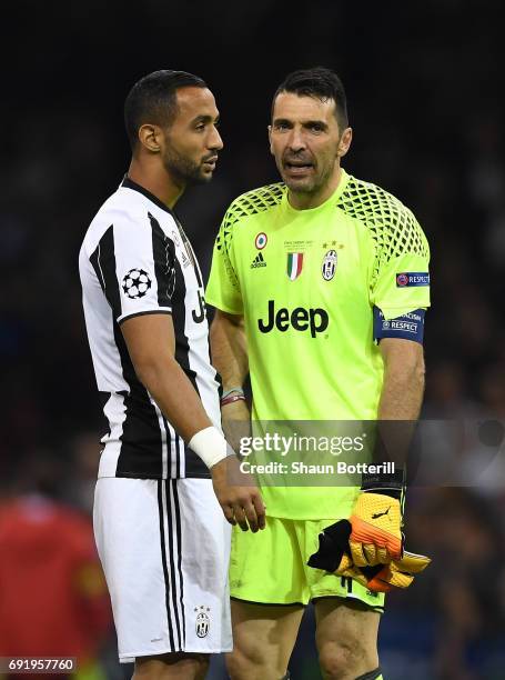 Medhi Benatia of Juventus and Gianluigi Buffon of Juventus are dejected after the UEFA Champions League Final between Juventus and Real Madrid at...