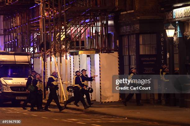 Armed police raid The Blue Eyed Maid in Borough high street at London Bridge on June 3, 2017 in London, England. Police have responded to reports of...