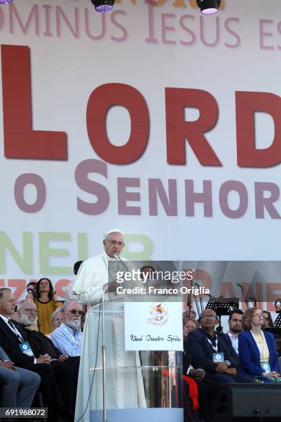 Pope Francis holds his speech during The Golden Jubilee of the Catholic Charismatic Reneval at the Circo Massimo on June 3, 2017 in Rome, Italy....