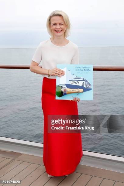 Godmother Iveta Apkalna wearing an outfit by Max Mara is seen on board of the TUI cruise ship 'Mein Schiff 6' on June 2, 2017 in Hamburg, Germany.
