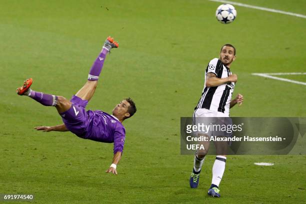 Cristiano Ronaldo of Real Madrid attempts an overhead kick during the UEFA Champions League Final between Juventus and Real Madrid at National...