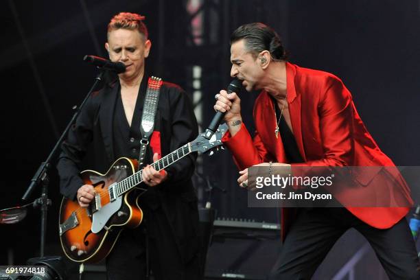 Martin Gore and Dave Gahan of Depeche Mode perform live on stage, during the 'Spirit' tour, at the London Stadium in the Queen Elizabeth Olympic...