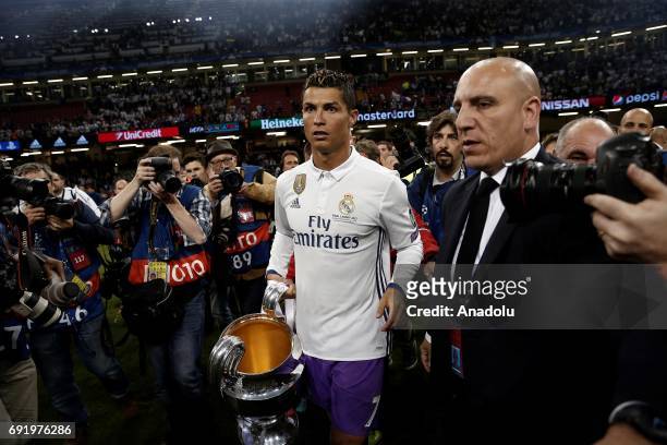 Real Madrid's Cristiano Ronaldo celebrates after winning the UEFA Champions League final between Juventus FC and Real Madrid at the National Stadium...
